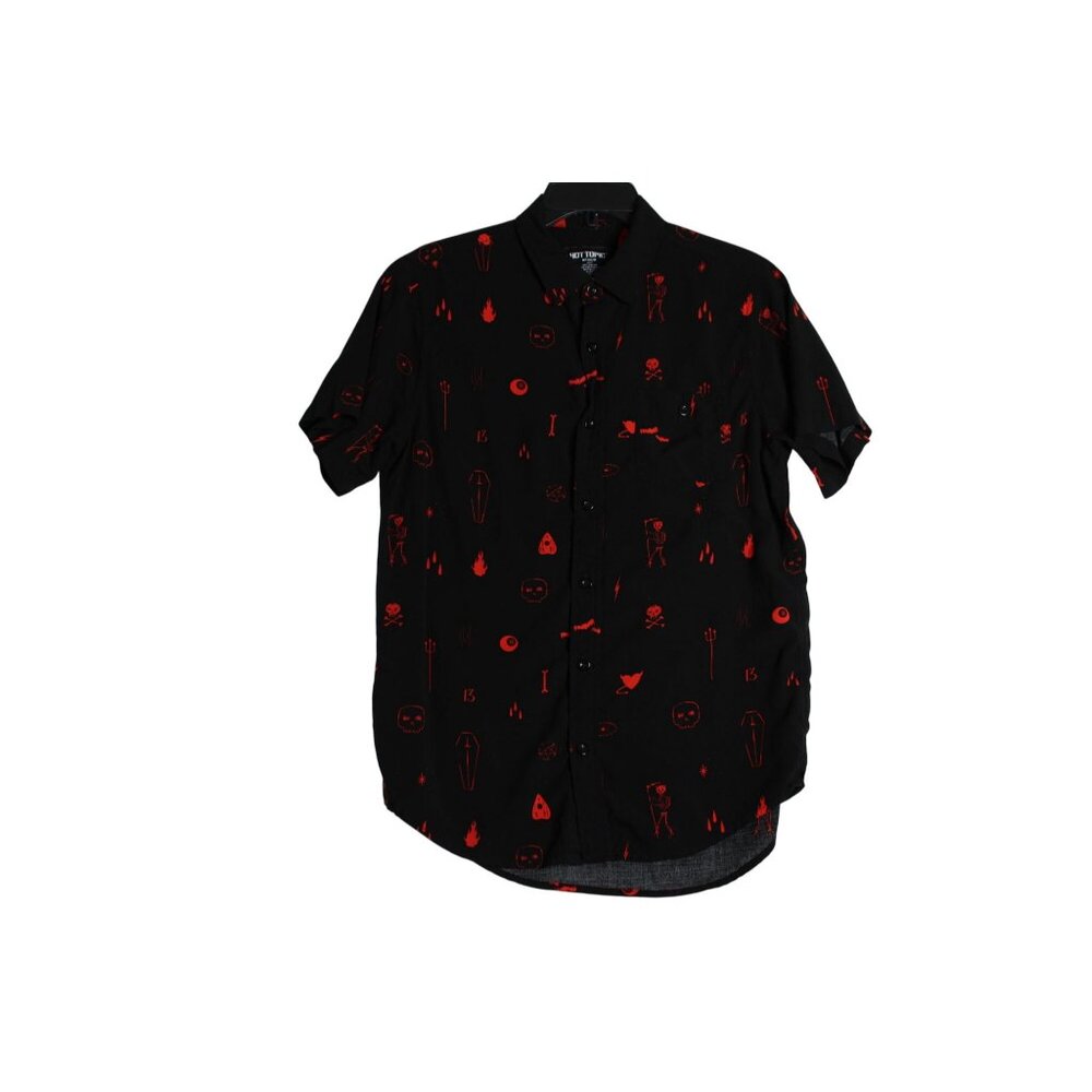 Hot Topic Black Short Sleeve Button Down Halloween Symbols Shirt Mens Medium